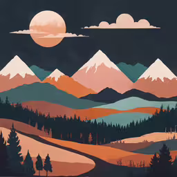 mountain scene with trees, clouds and the moon,this is a painting of a mountain landscape