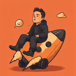 the man is sitting on a rocket that looks like a pencil