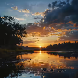 a lake is shown during the sunset with birds