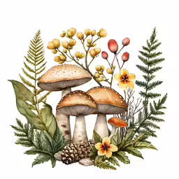 a watercolor painting of mushrooms and plants