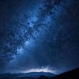 night sky with stars over mountains and a person standing on hill top