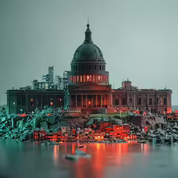 the dome of a building is lit up red