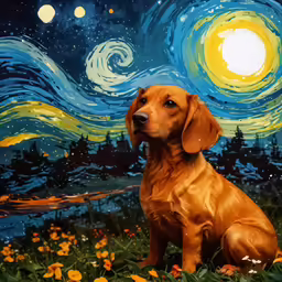 an image of a dog sitting on the grass in front of a sky