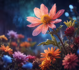 the beautiful flower is standing out against the dark background,several different colored flowers and plants with bubbles in the background