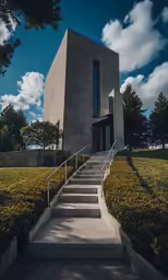 an empty concrete building sitting above some bushes