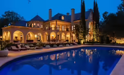 a home in the evening with large swimming pool