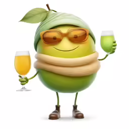 an illustration of a cartoon character with sunglasses and a scarf holding a glass of beer