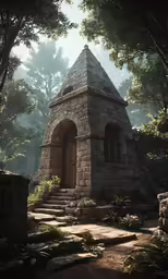 an image of an old structure in the woods