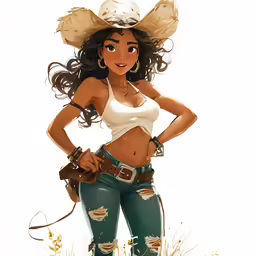 a pretty girl in cowboy clothing with her hands on her hips
