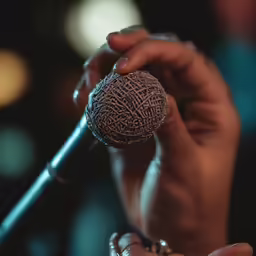 a closeup of the hands of a woman holding a microphone