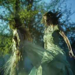 two women with dresses all in motion walking near each other