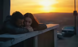 a man and woman are cuddling on the rail in front of the sun