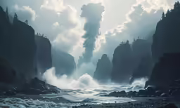 steam pours from the water into the sky above the cliffs