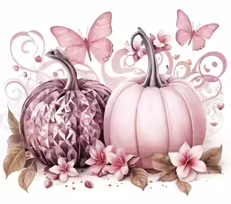 a painting of two pink pumpkins surrounded by butterflies