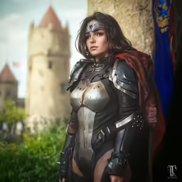 the woman in the suit is next to a castle