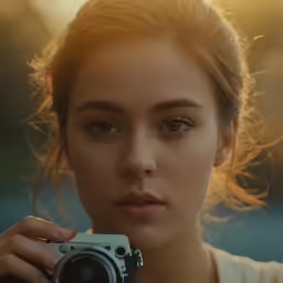 the woman is holding up an old camera to take a photo