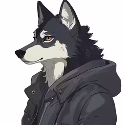 the face of a dog wearing a leather jacket