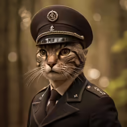 this cat in a military uniform has his eyes open