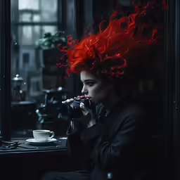 a woman with red hair smoking a cigarette