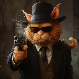 a cat in a black jacket and tie holding a gun