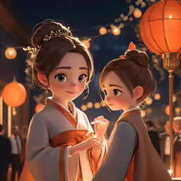 two girls in oriental dress standing on a sidewalk