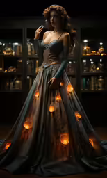 a woman standing in a gown with candles floating around