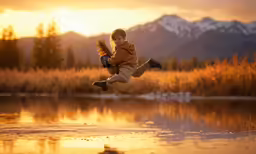 a kid with a jacket on playing in the water with an airie