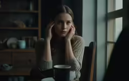 a woman sitting in front of a window with her hand to her face