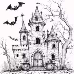 a halloween castle with bats and pumpkins flying above
