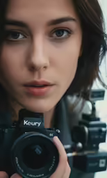 a woman is holding up her camera and taking a photo