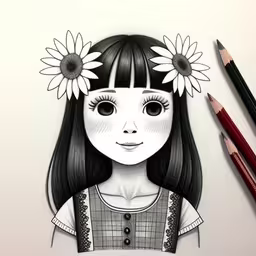 a drawing of a girl with two flowers in her hair,drawing of a woman