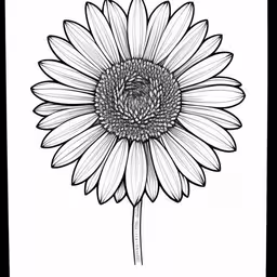 a flower drawn in ink, a white sheet with black ink,the front and back side of a sunflower on a black background