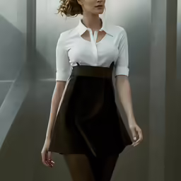 a woman with tight black stockings walking down a hallway