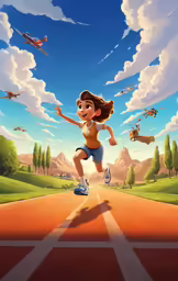 a woman running down a street with several airplanes flying over her
