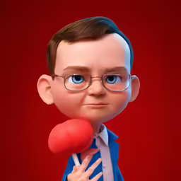 the 3d image is of a man holding a red object