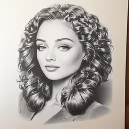 a drawing of a woman with curly hair and bangs