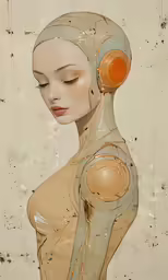 a digital artwork of a female torso with different colored circles around it