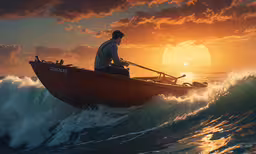 the fisherman in the boat looks out at the ocean,a man with a hat is in a boat as the sun sets