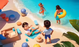 a beach scene with two small children at the ocean and others in swimming costumes