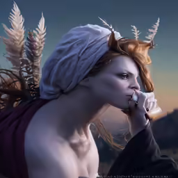 a woman with red hair wearing a turban and eating something
