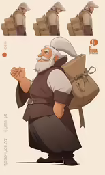 an animated man with beard and black robes and large beards holding bags, while another man