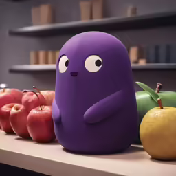 an eggplant sitting on a counter in front of a line of fruit