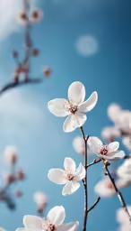 white blossoms with brown tips, blue sky in background