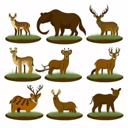 many different animals on the ground, including deer,different kinds of animals standing on a grass covered field