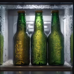three green bottles are sitting on a shelf in an empty freezer