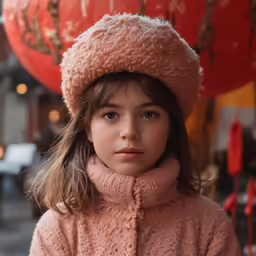 a little girl standing near a building in the snow