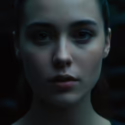 a woman with blue eyes looks serious in the dark