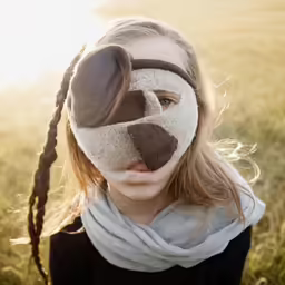 young girl in field of grass with paper mache