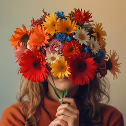 young woman with long hair holding a bouquet of flowers