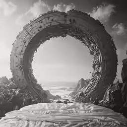 some type of rock sculpture in the middle of the ocean